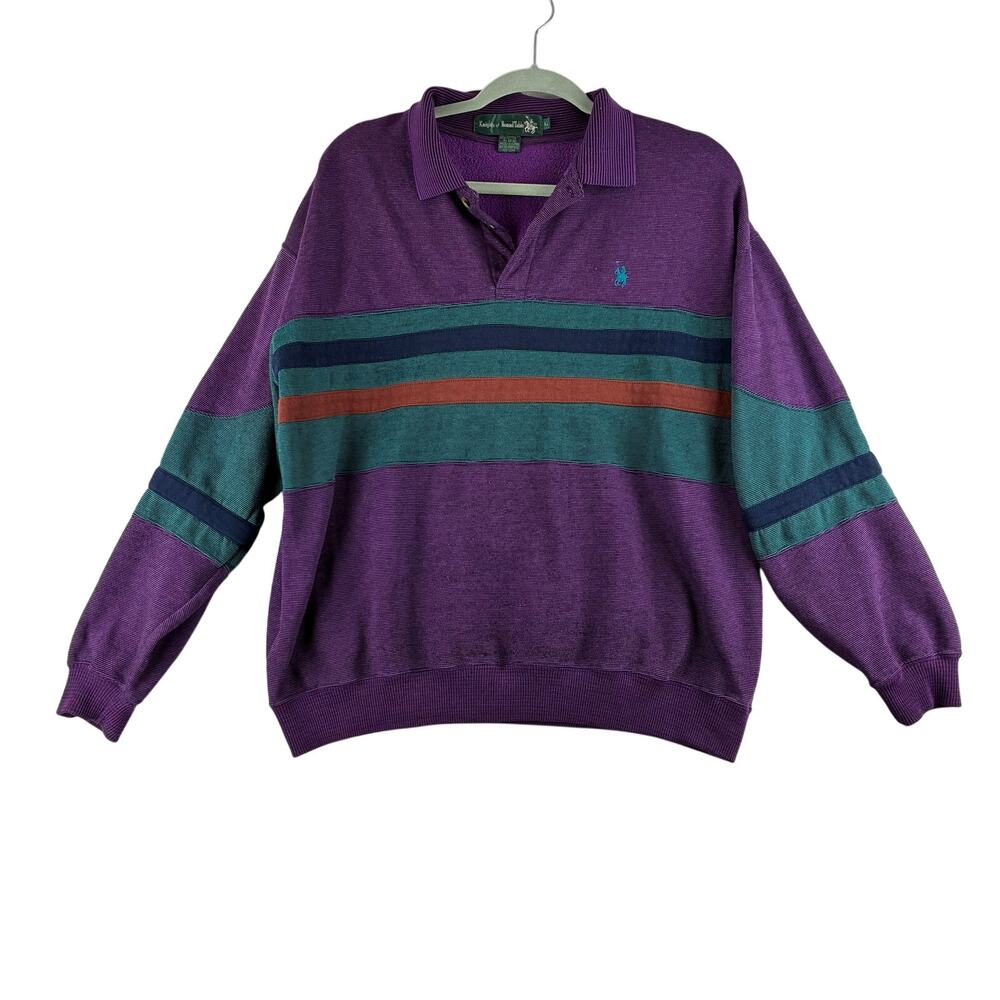Knights of Round Table 90's Polo Sweater Men's Large Purple Stripe FLAW READ